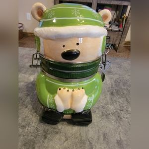 Conagra Brands Ceramic Teddy Bear Cookie Jar Porcelain Treat Jar Green Winter